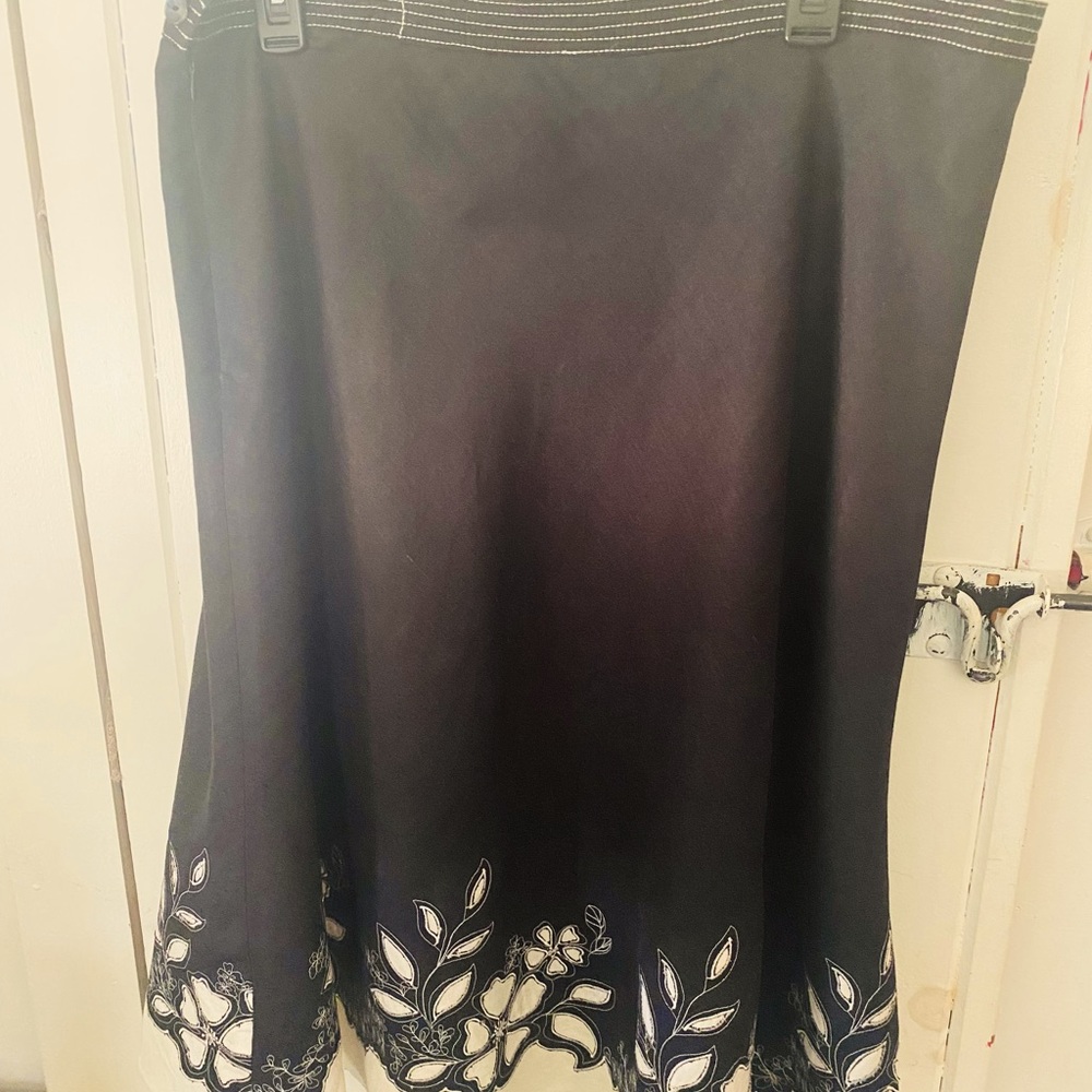 Black linen full swing skirt with ivory flower cut outs